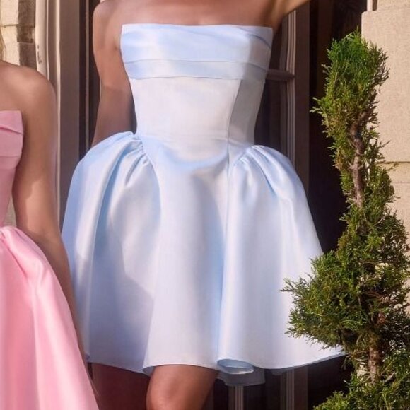 New Strapless Mini A-Line Satin Gown w/ Pleated Bodice & Straight Neck CD KV1133 - Picture 1 of 10